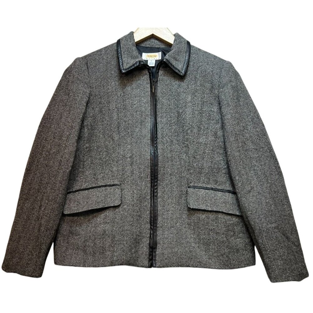 Talbots Womens Wool Zip Front Blazer Jacket Long Sleeve Size 6P Gray Herringbone